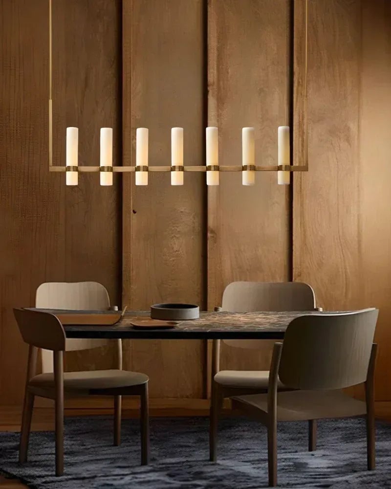 LightsStory Series Geometric Chandelier | Linear Premium hand-blown milk glass and solid brass, Lacquered brass and black metal finish for Dining Rooms and Kitchen Islands American chandelier