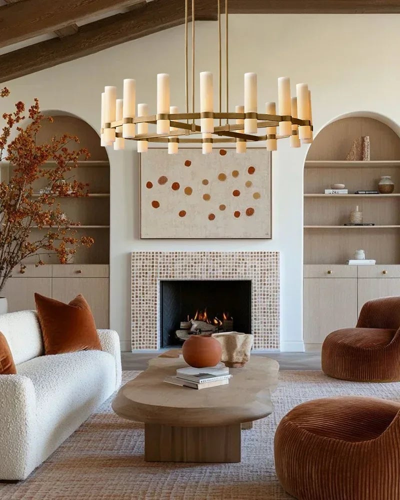 LightsStory Series Geometric Chandelier | Linear Premium hand-blown milk glass and solid brass, Lacquered brass and black metal finish for Dining Rooms and Kitchen Islands American chandelier