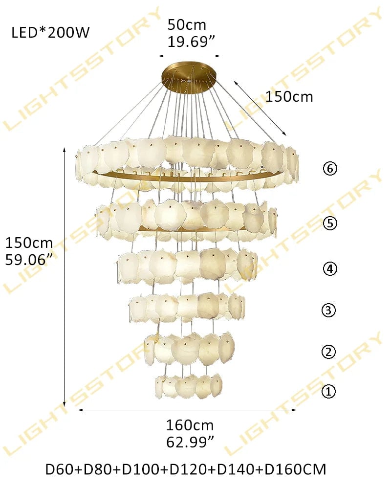 LightsStory Series Geometric Chandelier | Minimalist Linear Sleek Marble and Polished Metal, Polished Metal finish for Dining rooms, lounges, and chic entryways 6 Tier-D60+D80+D100+D120+D140+D160CM White + Gold American Vintage chandelier lamp
