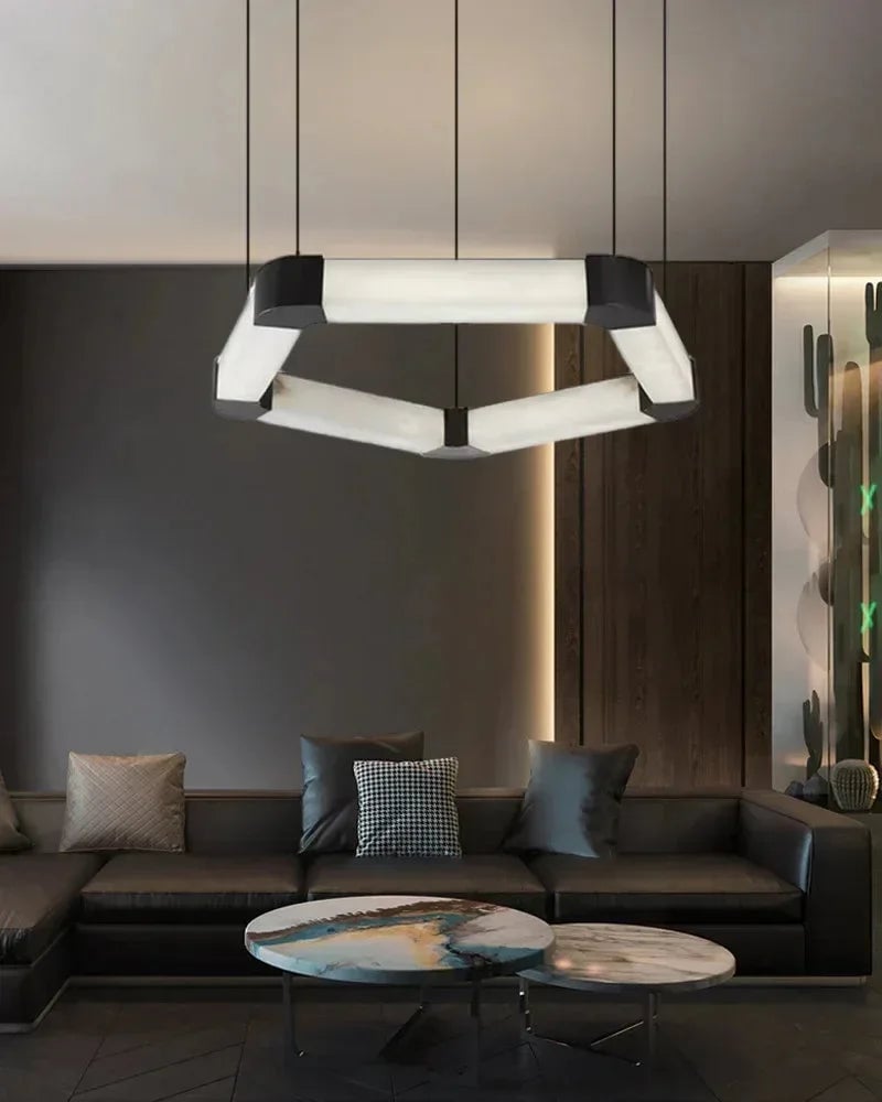 LightsStory Series Geometric Chandelier | Modular Ribbon Loops Natural Alabaster and Polished Stainless Steel, Polished Stainless Steel finish for Dining rooms, lobbies, and offices American Vintage chandelier lamp