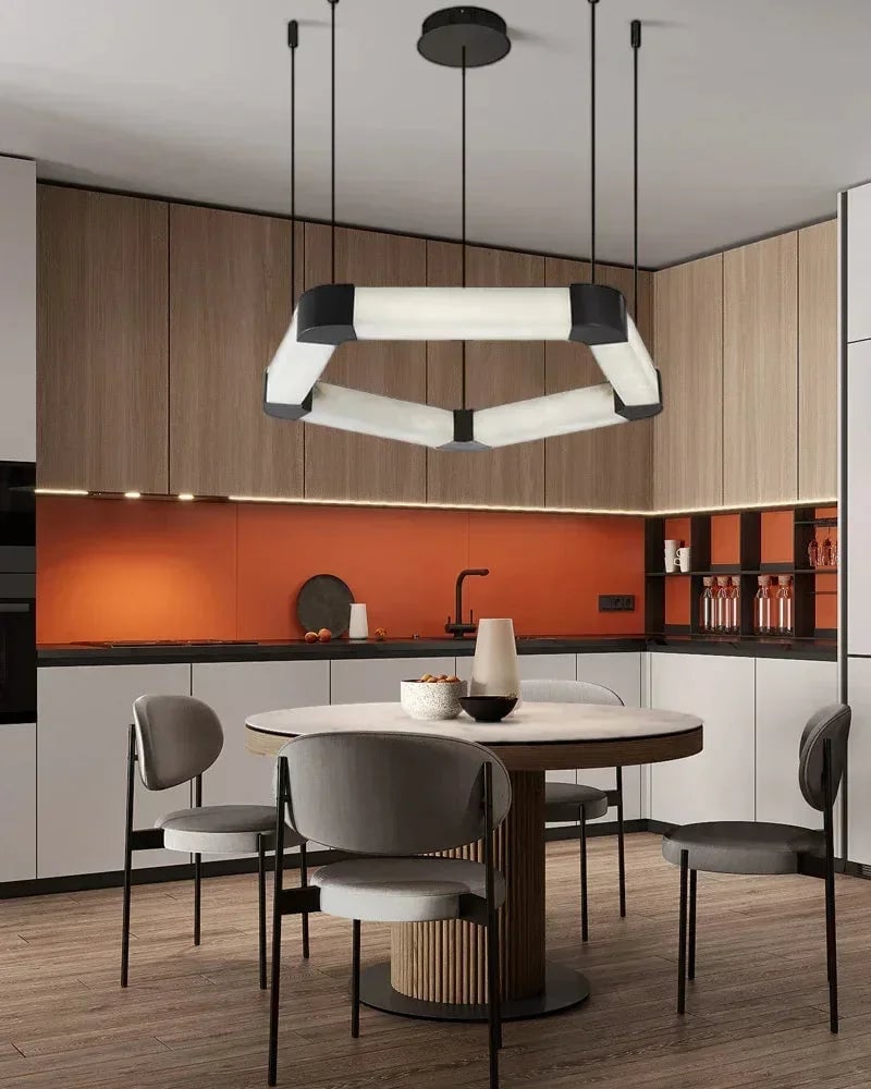 LightsStory Series Geometric Chandelier | Modular Ribbon Loops Natural Alabaster and Polished Stainless Steel, Polished Stainless Steel finish for Dining rooms, lobbies, and offices American Vintage chandelier lamp