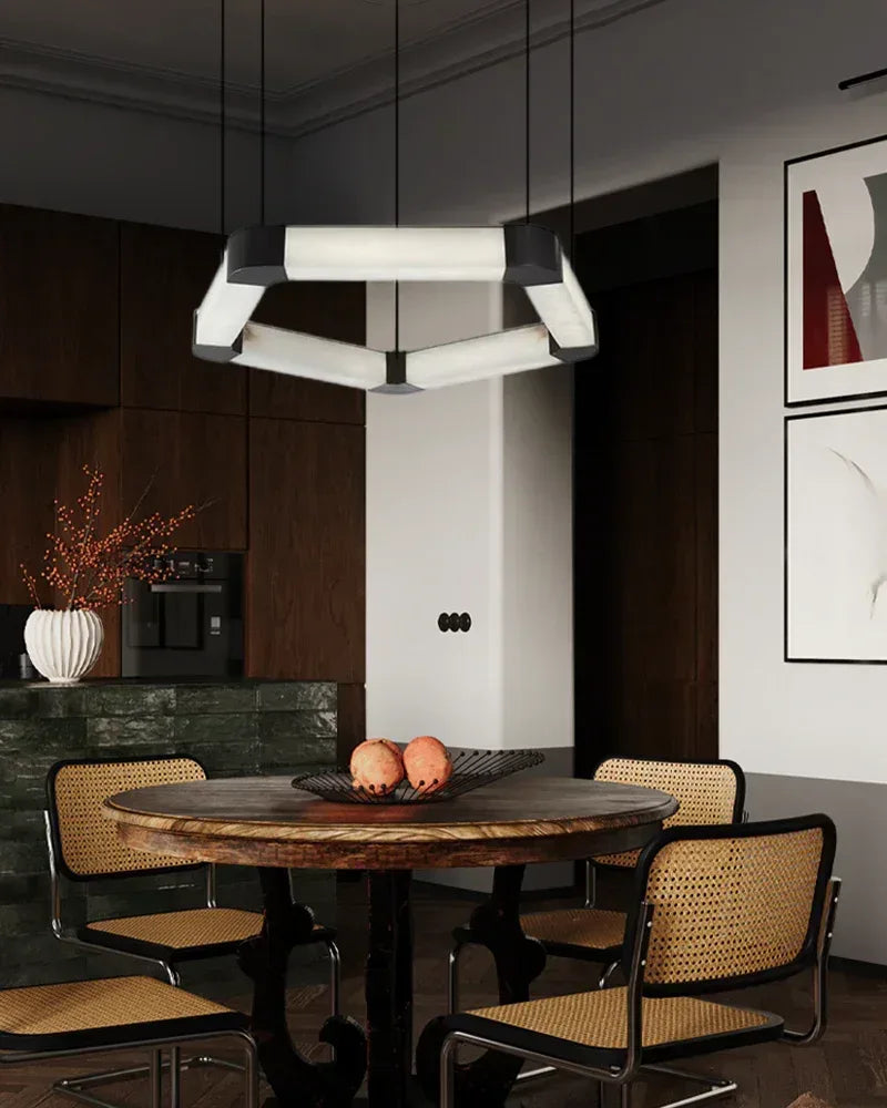 LightsStory Series Geometric Chandelier | Modular Ribbon Loops Natural Alabaster and Polished Stainless Steel, Polished Stainless Steel finish for Dining rooms, lobbies, and offices American Vintage chandelier lamp