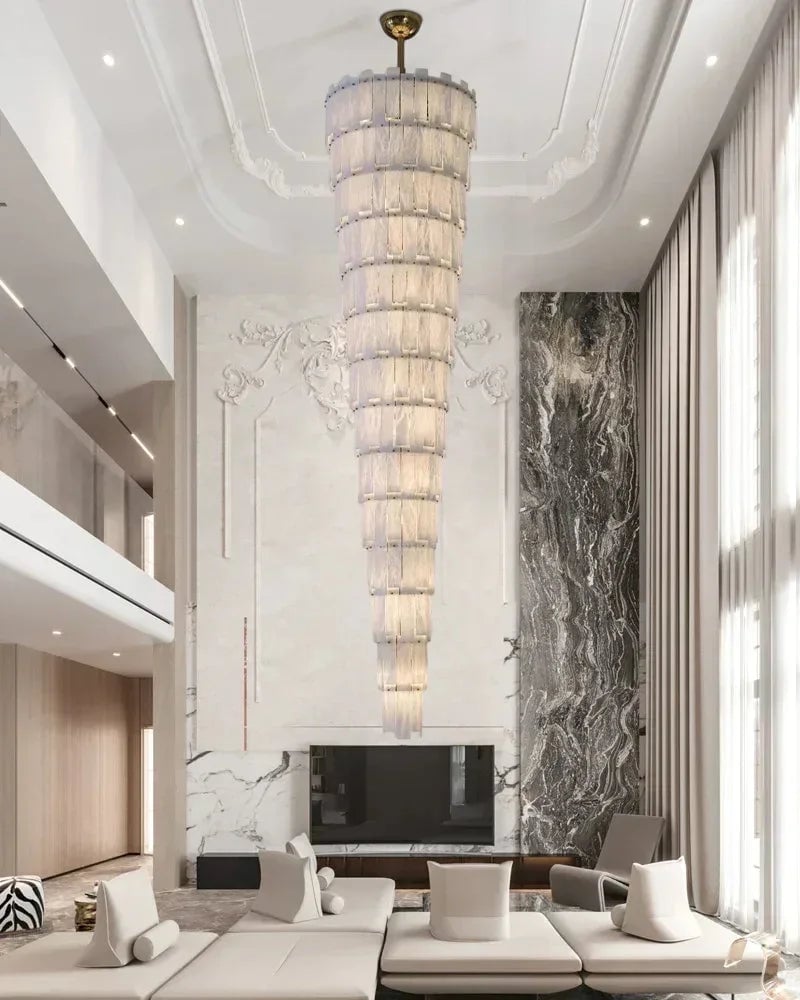 LightsStory Series Geometric Chandelier | Multi-Tiered Rectangular Natural Gypsum Alabaster, Natural Matte Finish for Grand Lobbies and Spacious Entrances Luxury Modern Chandelier
