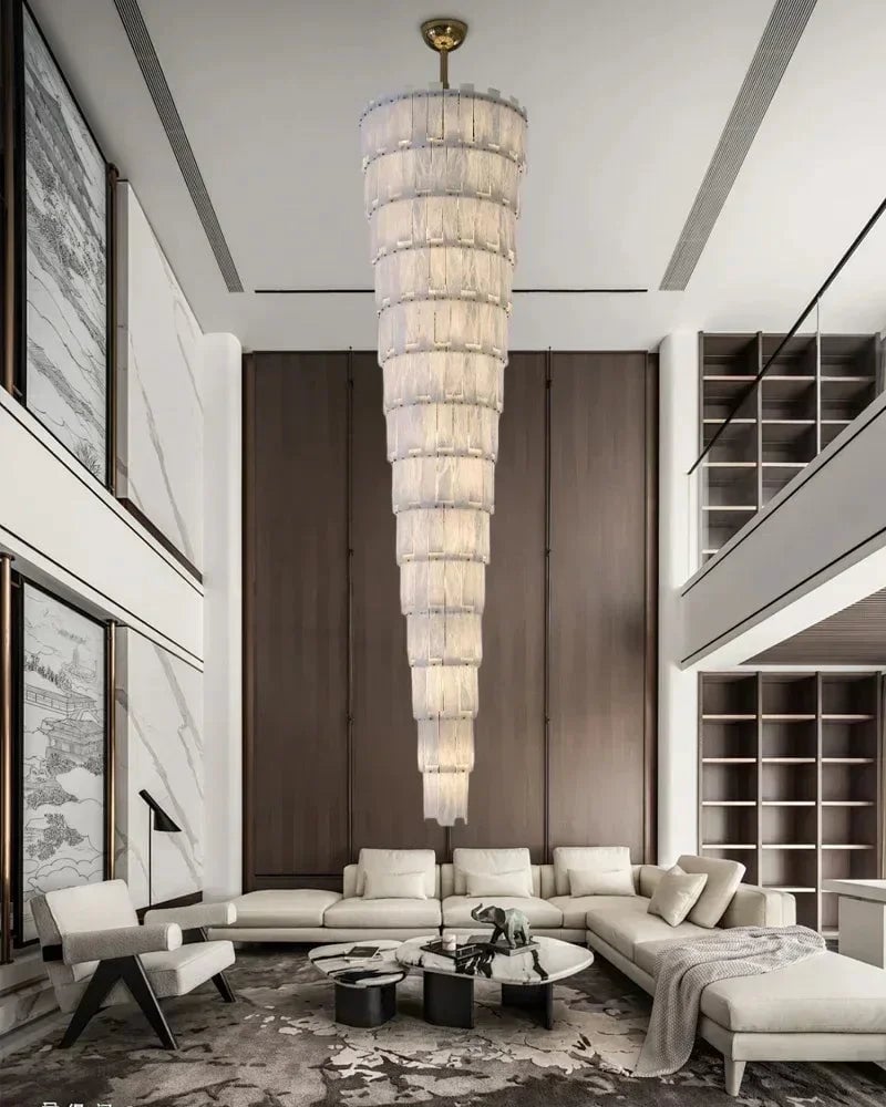 LightsStory Series Geometric Chandelier | Multi-Tiered Rectangular Natural Gypsum Alabaster, Natural Matte Finish for Grand Lobbies and Spacious Entrances Luxury Modern Chandelier