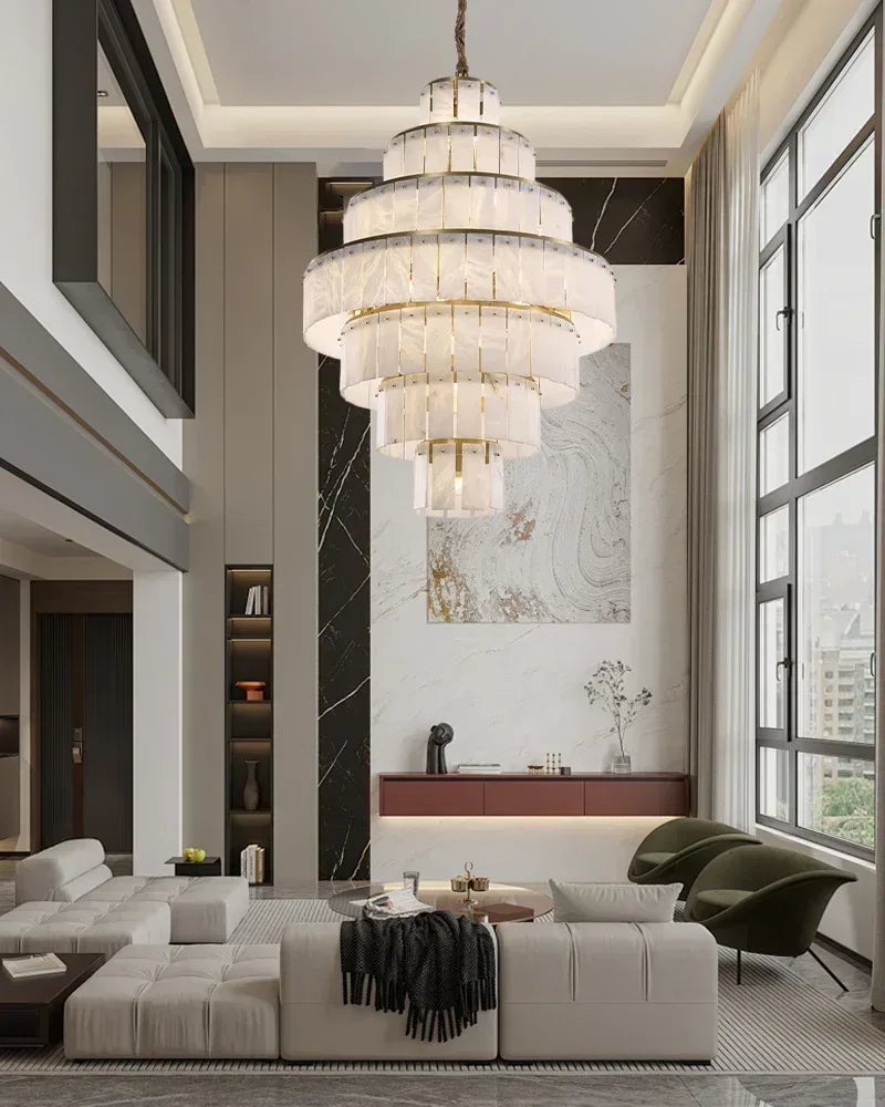 LightsStory Series Geometric Chandelier | Multi-Tiered Rectangular Natural Gypsum Alabaster, Natural Matte Finish for Grand Lobbies and Spacious Entrances Luxury Modern Chandelier