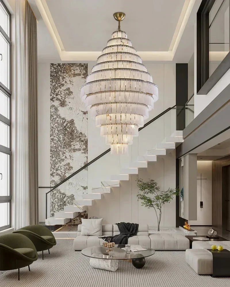 LightsStory Series Geometric Chandelier | Multi-Tiered Rectangular Natural Gypsum Alabaster, Natural Matte Finish for Grand Lobbies and Spacious Entrances Luxury Modern Chandelier