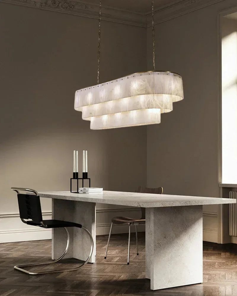 LightsStory Series Geometric Chandelier | Multi-Tiered Rectangular Natural Gypsum Alabaster, Natural Matte Finish for Grand Lobbies and Spacious Entrances Luxury Modern Chandelier