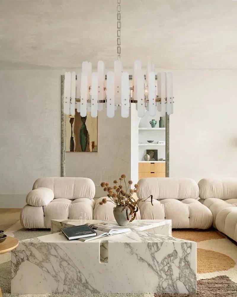 LightsStory Series Geometric Chandelier | Oval Natural Alabaster with Brushed Metal, Brushed Metal finish for Dining Rooms and Minimalist Living Spaces American chandelier
