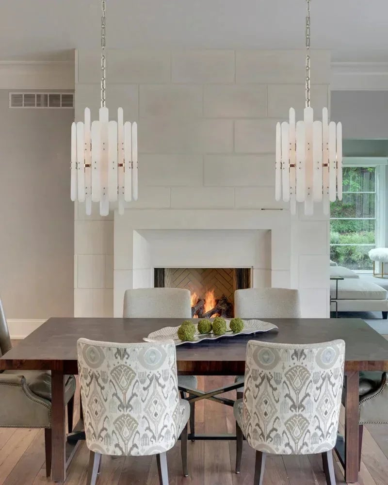 LightsStory Series Geometric Chandelier | Rectangular Natural Alabaster with Brushed Metal Frame, Brushed Chrome finish for Dining Rooms and Transitional Spaces American chandelier