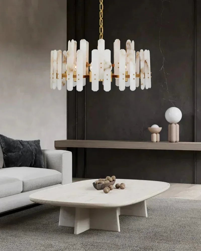 LightsStory Series Geometric Chandelier | Rectangular Natural Alabaster with Brushed Metal Frame, Brushed Chrome finish for Dining Rooms and Transitional Spaces American chandelier