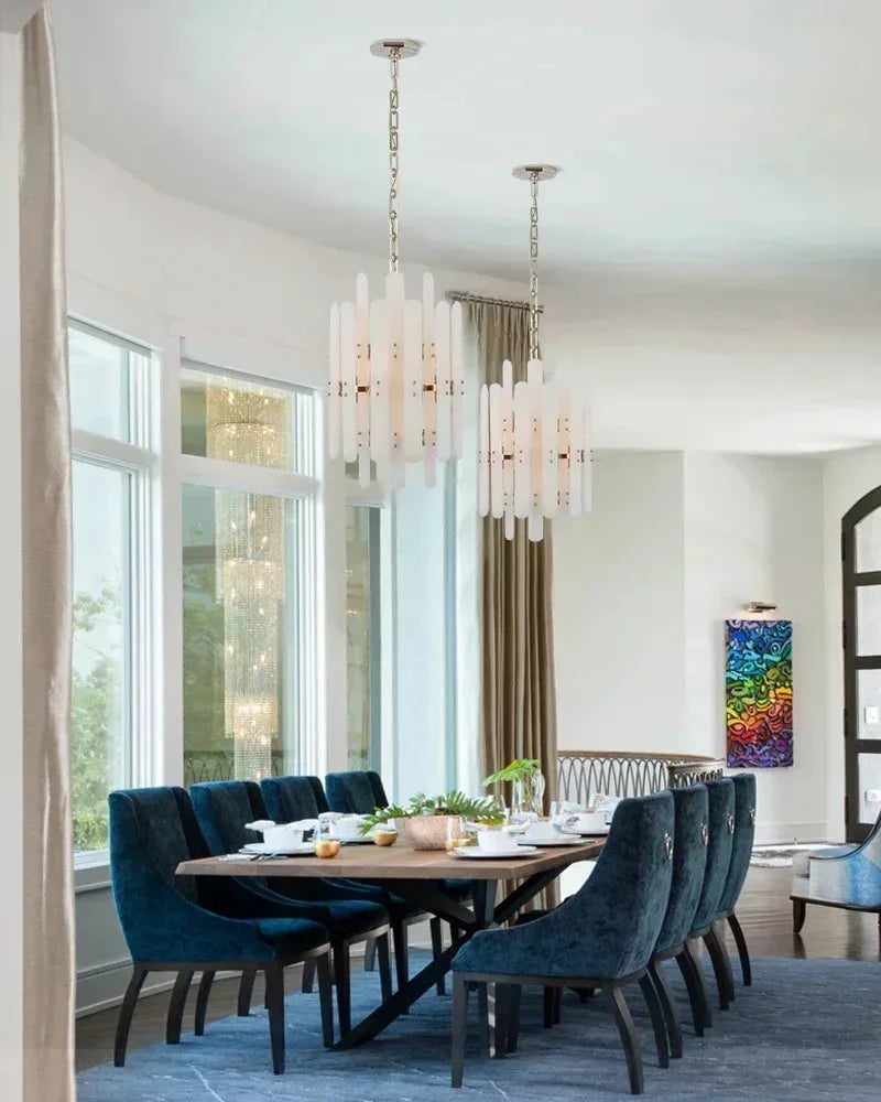 LightsStory Series Geometric Chandelier | Rectangular Natural Alabaster with Brushed Metal Frame, Brushed Chrome finish for Dining Rooms and Transitional Spaces American chandelier