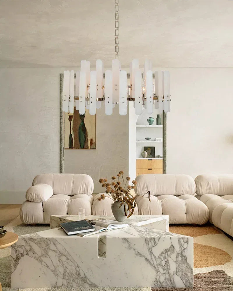 LightsStory Series Geometric Chandelier | Rectangular Natural Alabaster with Brushed Metal Frame, Brushed Chrome finish for Dining Rooms and Transitional Spaces American chandelier
