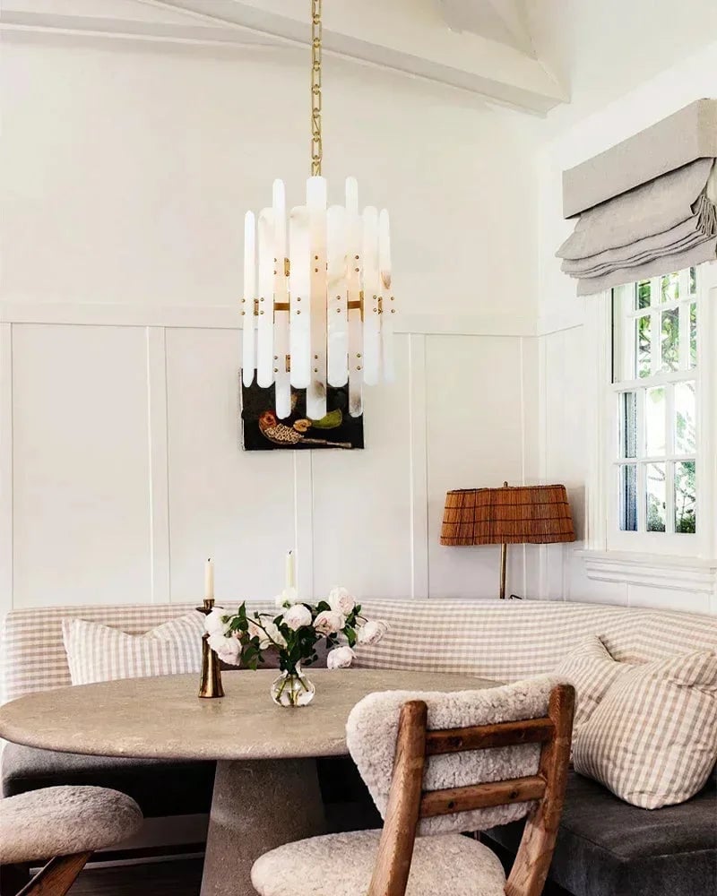 LightsStory Series Geometric Chandelier | Rectangular Natural Alabaster with Brushed Metal Frame, Brushed Chrome finish for Dining Rooms and Transitional Spaces American chandelier