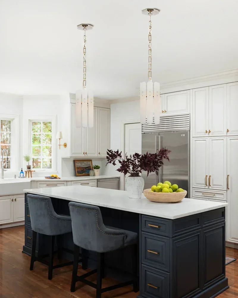 LightsStory Series Geometric Chandelier | Rectangular Natural Alabaster with Brushed Metal Frame, Brushed Chrome finish for Dining Rooms and Transitional Spaces American chandelier