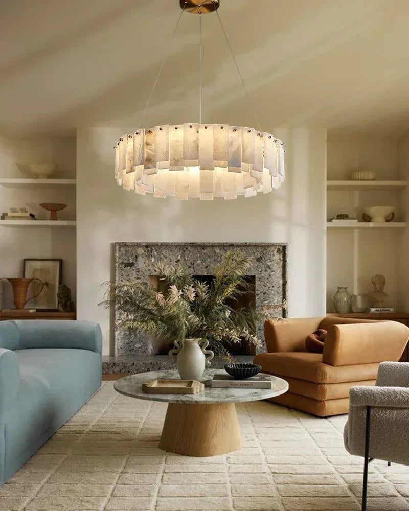 LightsStory Series Geometric Chandelier | Rectangular Oval Polished White Marble Alabaster, Premium Brass finish for Dining Rooms and Kitchen Islands American chandelier