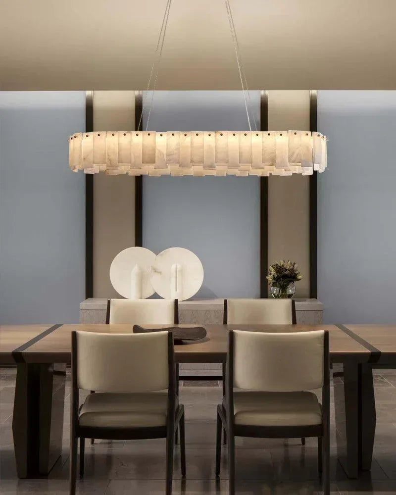 LightsStory Series Geometric Chandelier | Rectangular Oval Polished White Marble Alabaster, Premium Brass finish for Dining Rooms and Kitchen Islands American chandelier