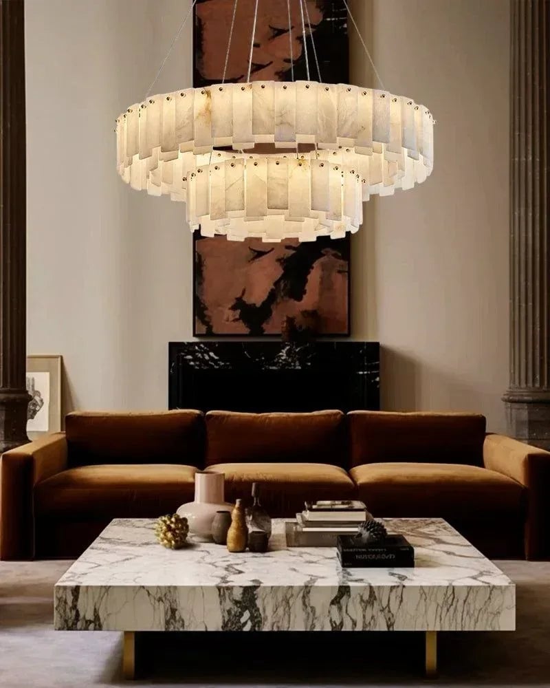 LightsStory Series Geometric Chandelier | Rectangular Oval Polished White Marble Alabaster, Premium Brass finish for Dining Rooms and Kitchen Islands American chandelier