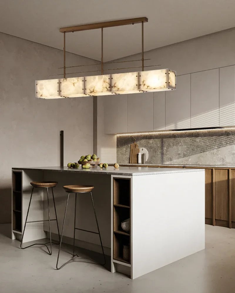 LightsStory Series Geometric Chandelier | Rectangular Premium Alabaster and Brass, Gold accents for Kitchen Islands and Dining Rooms American Vintage chandelier lamp