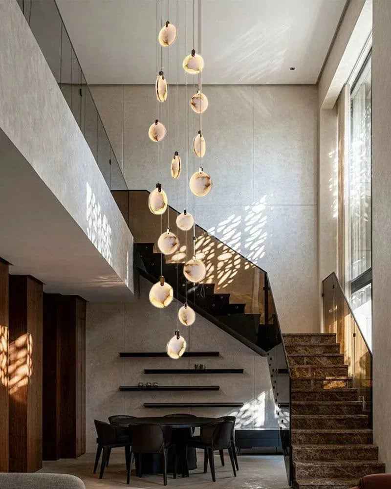 LightsStory Series Geometric Chandelier | Round Dual-Alabaster Discs Smooth Spanish marble-like alabaster with durable brass frame, Antique Brass finish for Staircases and Dining Rooms Modern Pendant lamp