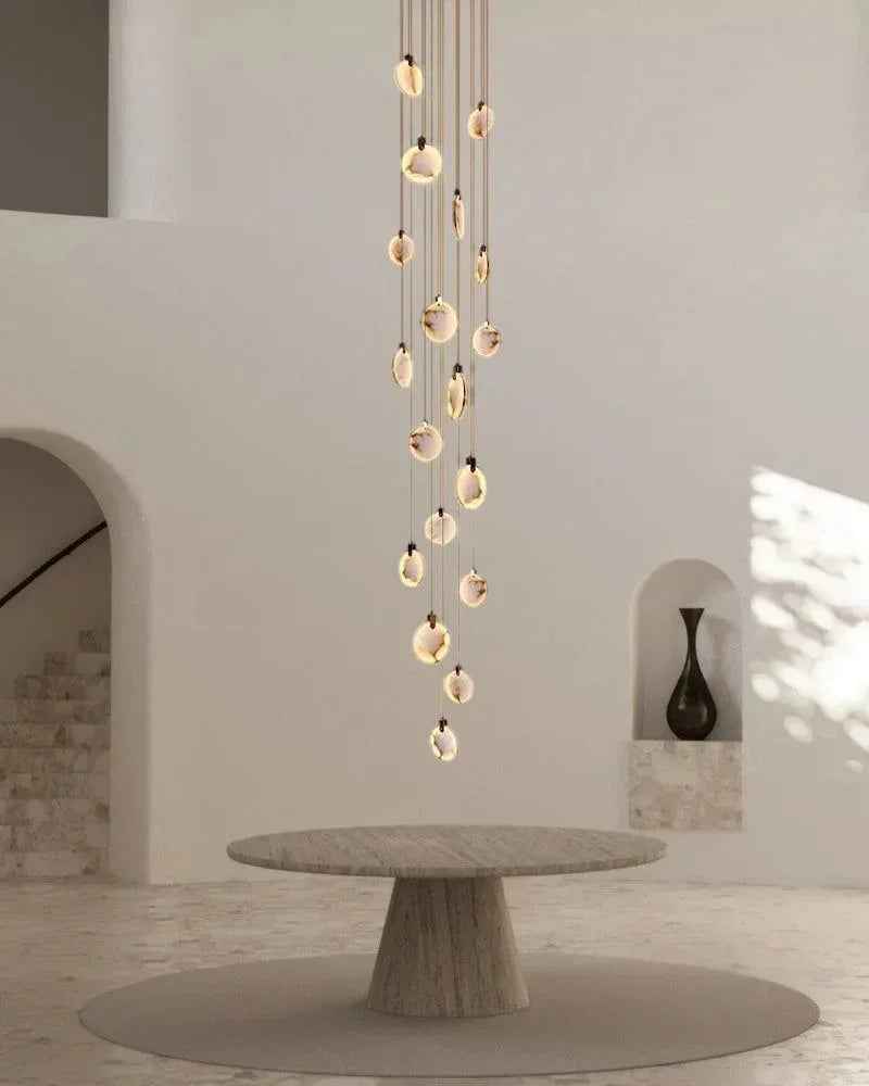 LightsStory Series Geometric Chandelier | Round Dual-Alabaster Discs Smooth Spanish marble-like alabaster with durable brass frame, Antique Brass finish for Staircases and Dining Rooms Modern Pendant lamp