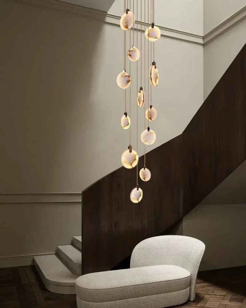 LightsStory Series Geometric Chandelier | Round Dual-Alabaster Discs Smooth Spanish marble-like alabaster with durable brass frame, Antique Brass finish for Staircases and Dining Rooms Modern Pendant lamp