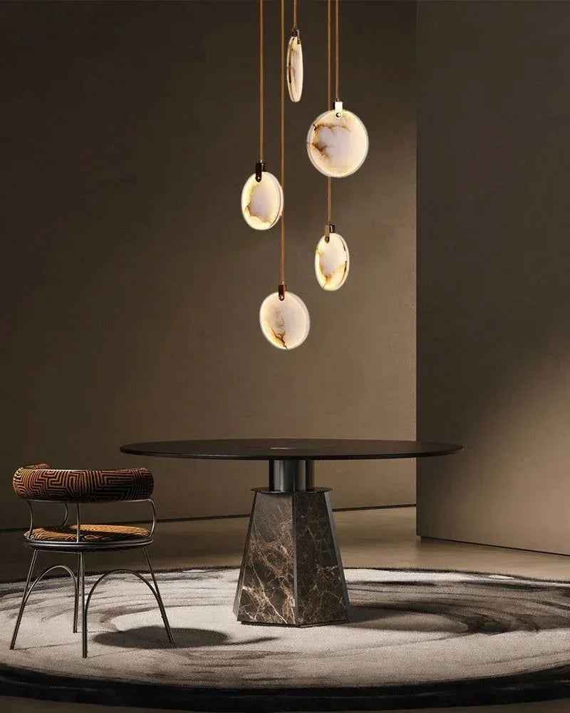 LightsStory Series Geometric Chandelier | Round Dual-Alabaster Discs Smooth Spanish marble-like alabaster with durable brass frame, Antique Brass finish for Staircases and Dining Rooms Modern Pendant lamp