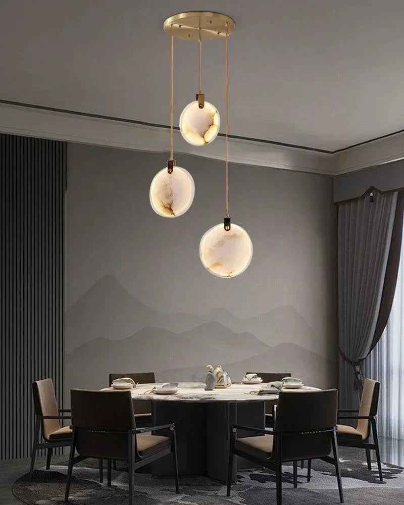 LightsStory Series Geometric Chandelier | Round Dual-Alabaster Discs Smooth Spanish marble-like alabaster with durable brass frame, Antique Brass finish for Staircases and Dining Rooms Modern Pendant lamp