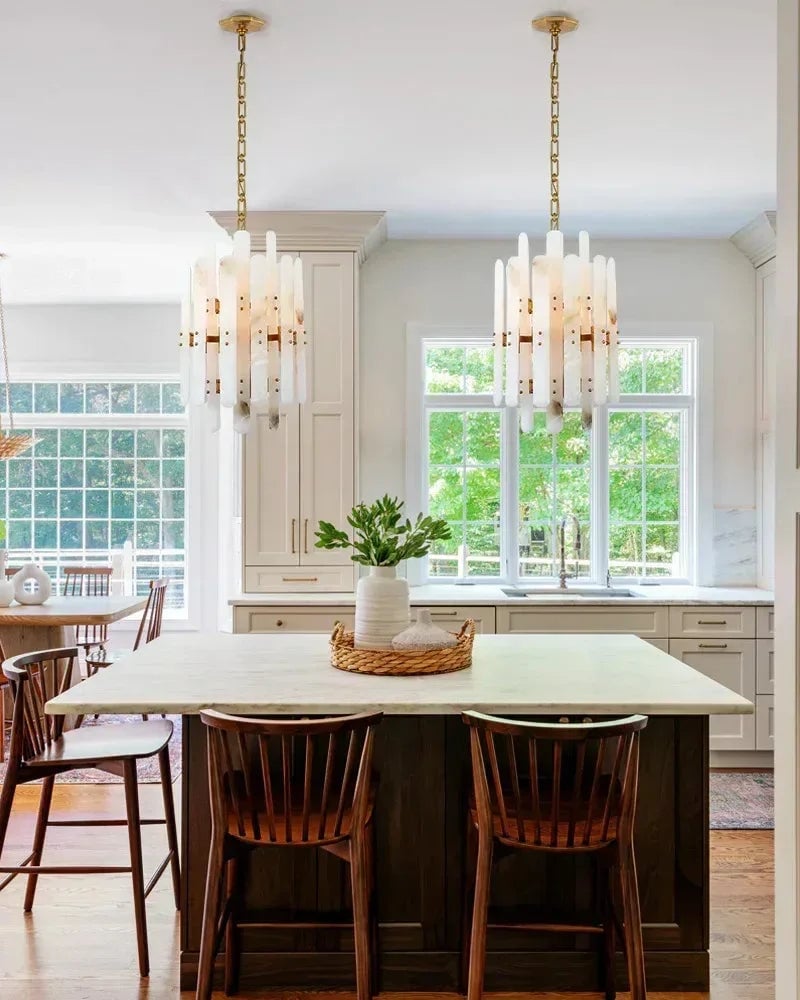 LightsStory Series Geometric Chandelier | Round Durable Alabaster and Brushed Metal, Brushed Metal finish for Kitchen Islands and Dining Rooms American chandelier