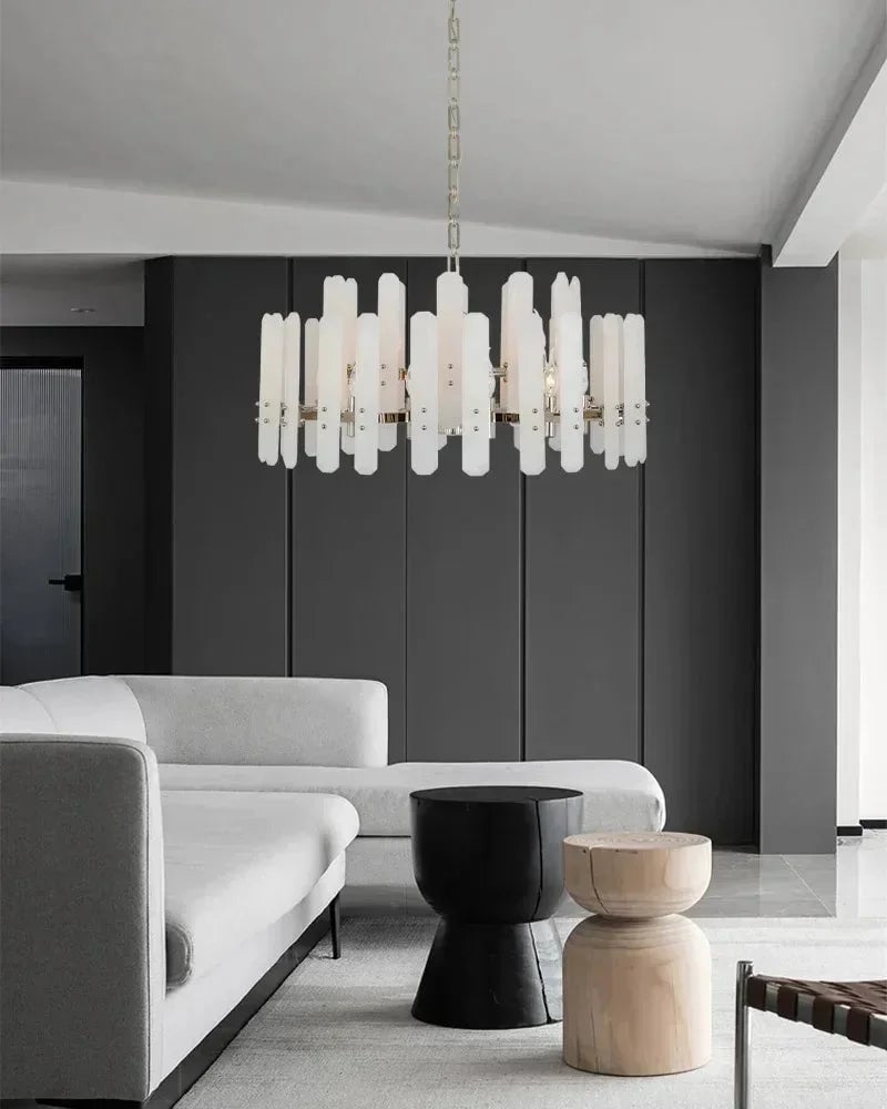LightsStory Series Geometric Chandelier | Round Durable Alabaster and Brushed Metal, Brushed Metal finish for Kitchen Islands and Dining Rooms American chandelier