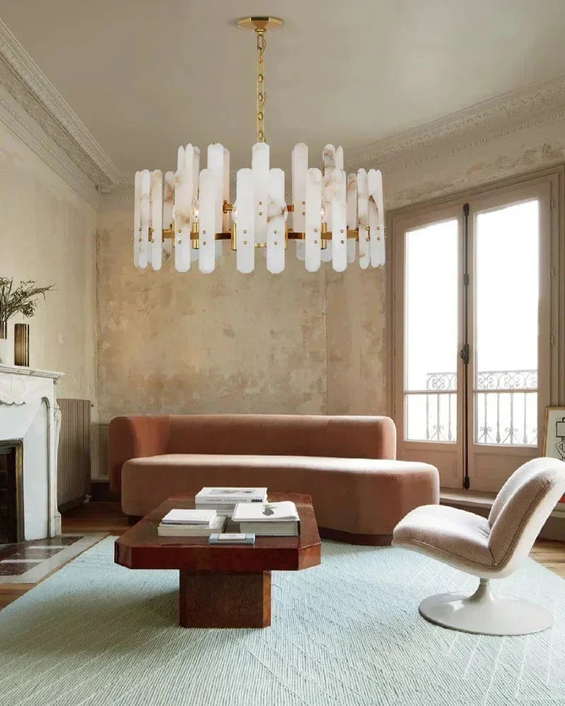 LightsStory Series Geometric Chandelier | Round Durable Alabaster and Brushed Metal, Brushed Metal finish for Kitchen Islands and Dining Rooms American chandelier
