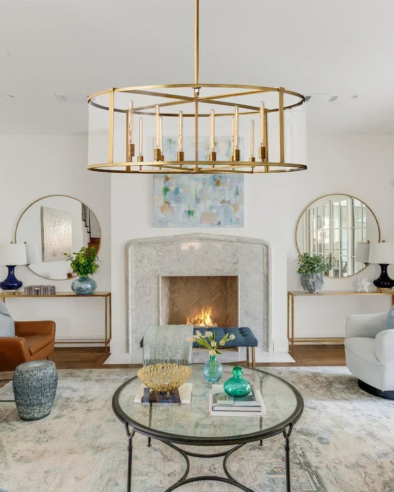 LightsStory Series Geometric Chandelier | Round Lantern Tempered glass and sleek metal frame, Brushed brass and black steel for Grand entryways and dining rooms American Vintage chandelier lamp