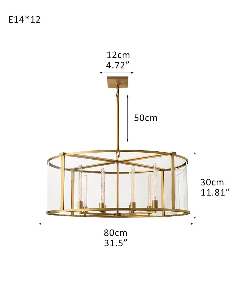 LightsStory Series Geometric Chandelier | Round Lantern Tempered glass and sleek metal frame, Brushed brass and black steel for Grand entryways and dining rooms R-L80*H30CM L31.5“*H11.81" Gold American Vintage chandelier lamp
