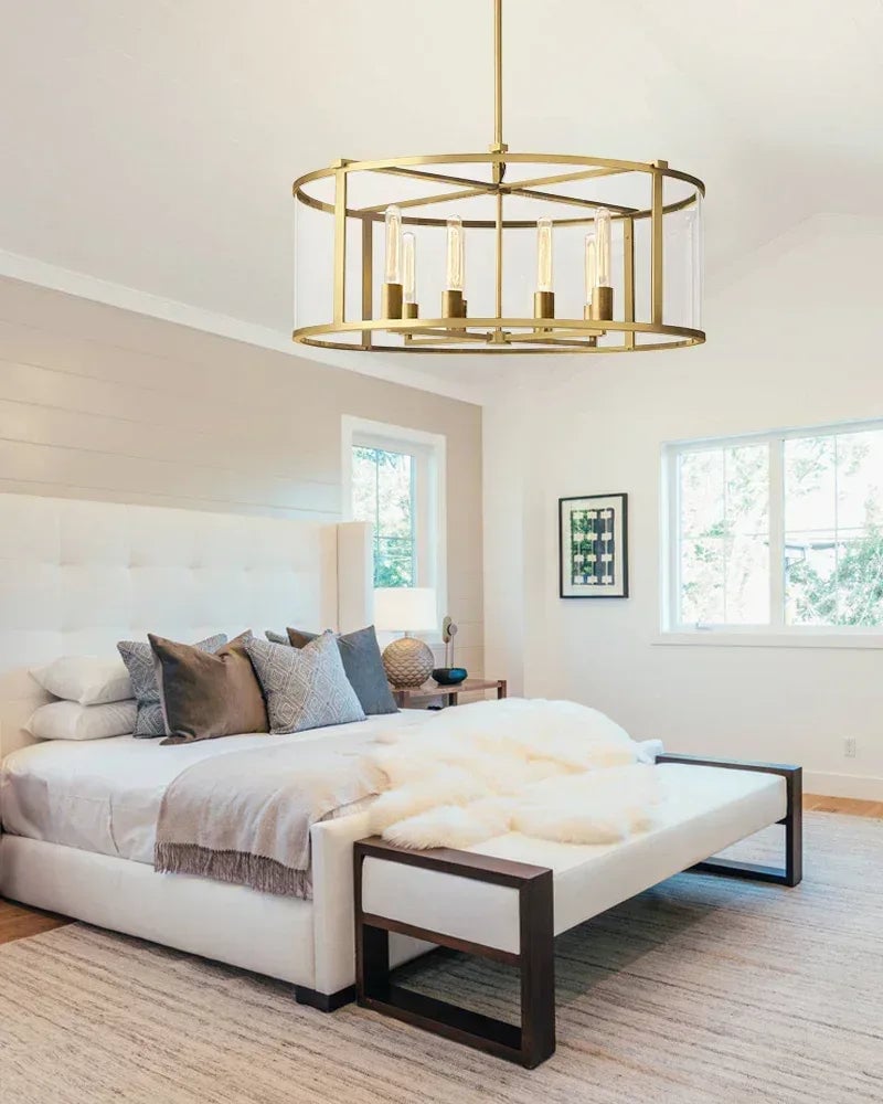 LightsStory Series Geometric Chandelier | Round Lantern Tempered glass and sleek metal frame, Brushed brass and black steel for Grand entryways and dining rooms American Vintage chandelier lamp