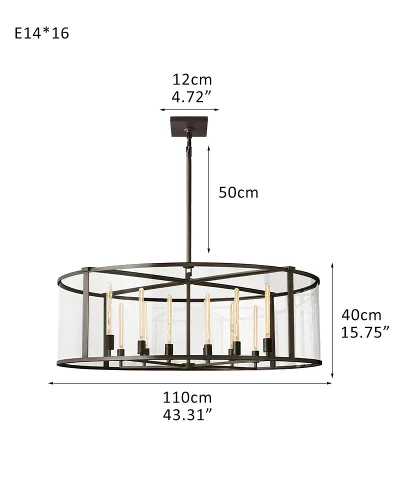 LightsStory Series Geometric Chandelier | Round Lantern Tempered glass and sleek metal frame, Brushed brass and black steel for Grand entryways and dining rooms R-L110*H40CM L43.31“*H15.75" Black American Vintage chandelier lamp