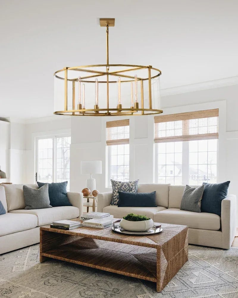 LightsStory Series Geometric Chandelier | Round Lantern Tempered glass and sleek metal frame, Brushed brass and black steel for Grand entryways and dining rooms American Vintage chandelier lamp