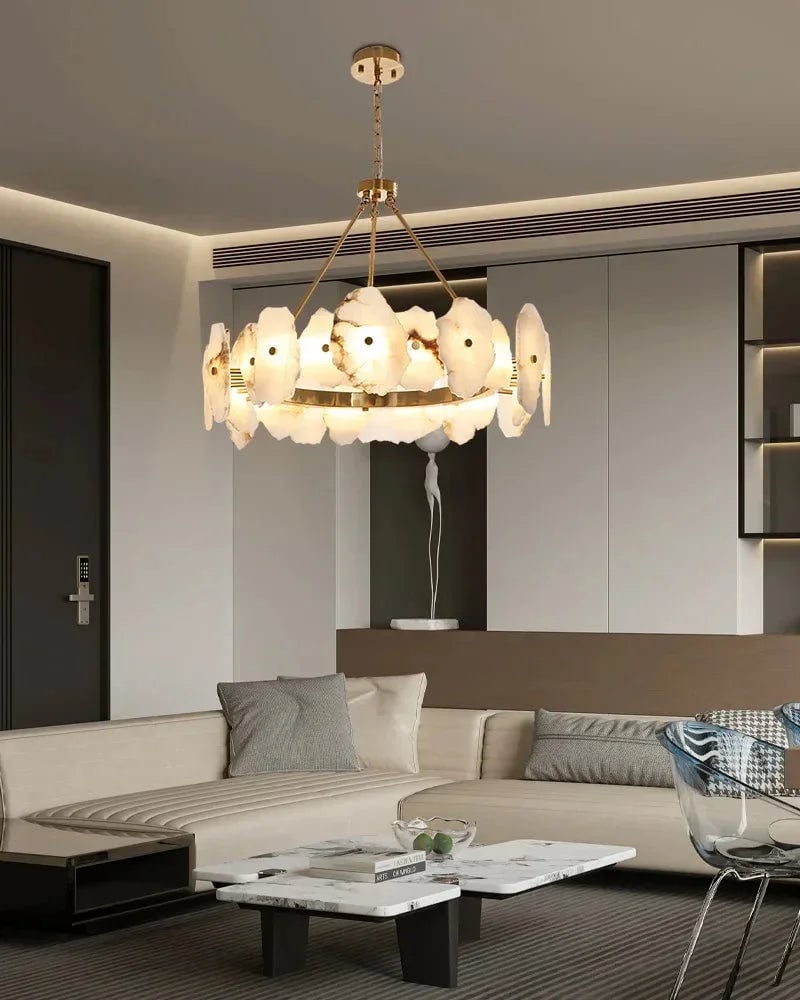 LightsStory Series Geometric Chandelier | Round Sleek White Alabaster and Polished Metal, Polished Metal finish for Dining rooms, lounges, and chic entryways American Vintage chandelier lamp