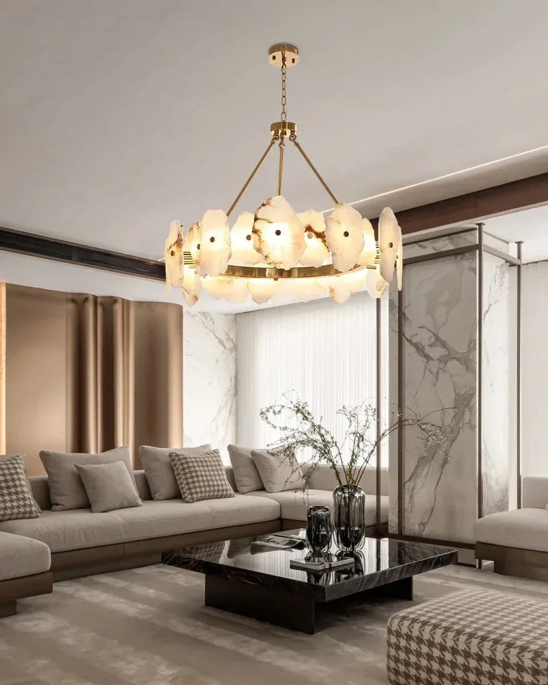 LightsStory Series Geometric Chandelier | Round Sleek White Alabaster and Polished Metal, Polished Metal finish for Dining rooms, lounges, and chic entryways American Vintage chandelier lamp