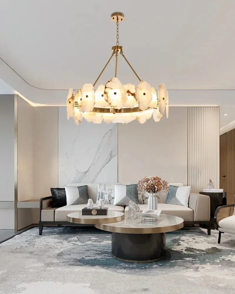 LightsStory Series Geometric Chandelier | Round Sleek White Alabaster and Polished Metal, Polished Metal finish for Dining rooms, lounges, and chic entryways American Vintage chandelier lamp