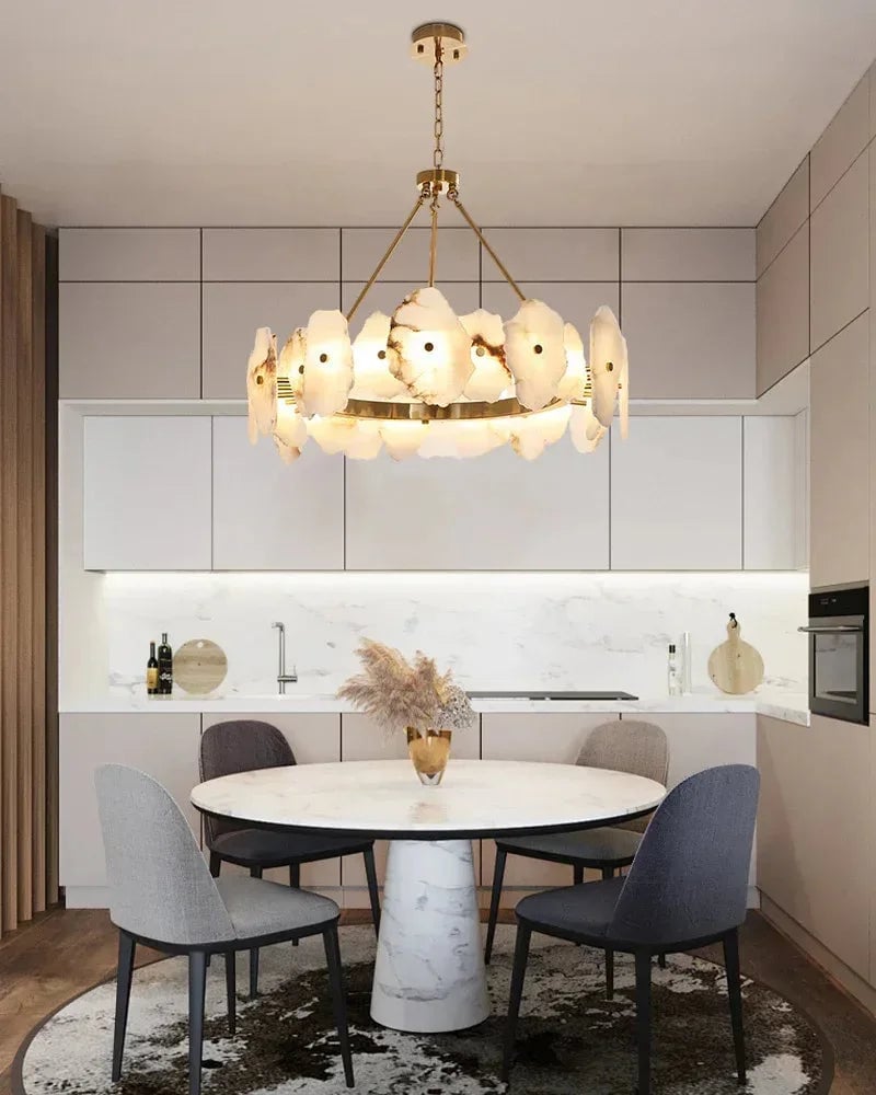 LightsStory Series Geometric Chandelier | Round Sleek White Alabaster and Polished Metal, Polished Metal finish for Dining rooms, lounges, and chic entryways American Vintage chandelier lamp