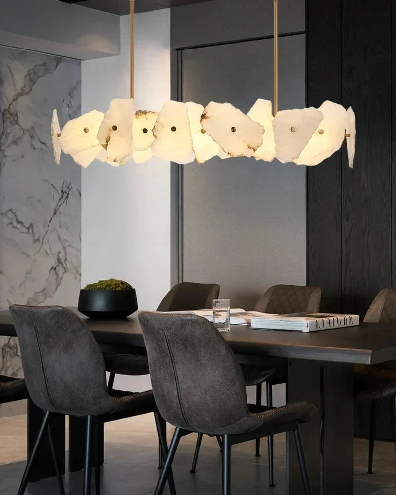 LightsStory Series Geometric Chandelier | Round Sleek White Alabaster and Polished Metal, Polished Metal finish for Dining rooms, lounges, and chic entryways American Vintage chandelier lamp