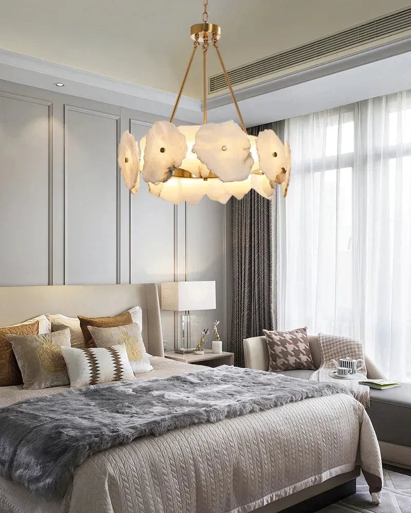 LightsStory Series Geometric Chandelier | Round Sleek White Alabaster and Polished Metal, Polished Metal finish for Dining rooms, lounges, and chic entryways American Vintage chandelier lamp
