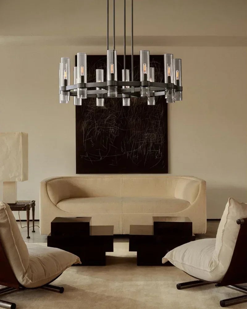 LightsStory Series Geometric Chandelier | Round Wheel Premium hand-blown glass and solid brass construction, Black Stainless finish for Dining Rooms and Living Areas American chandelier