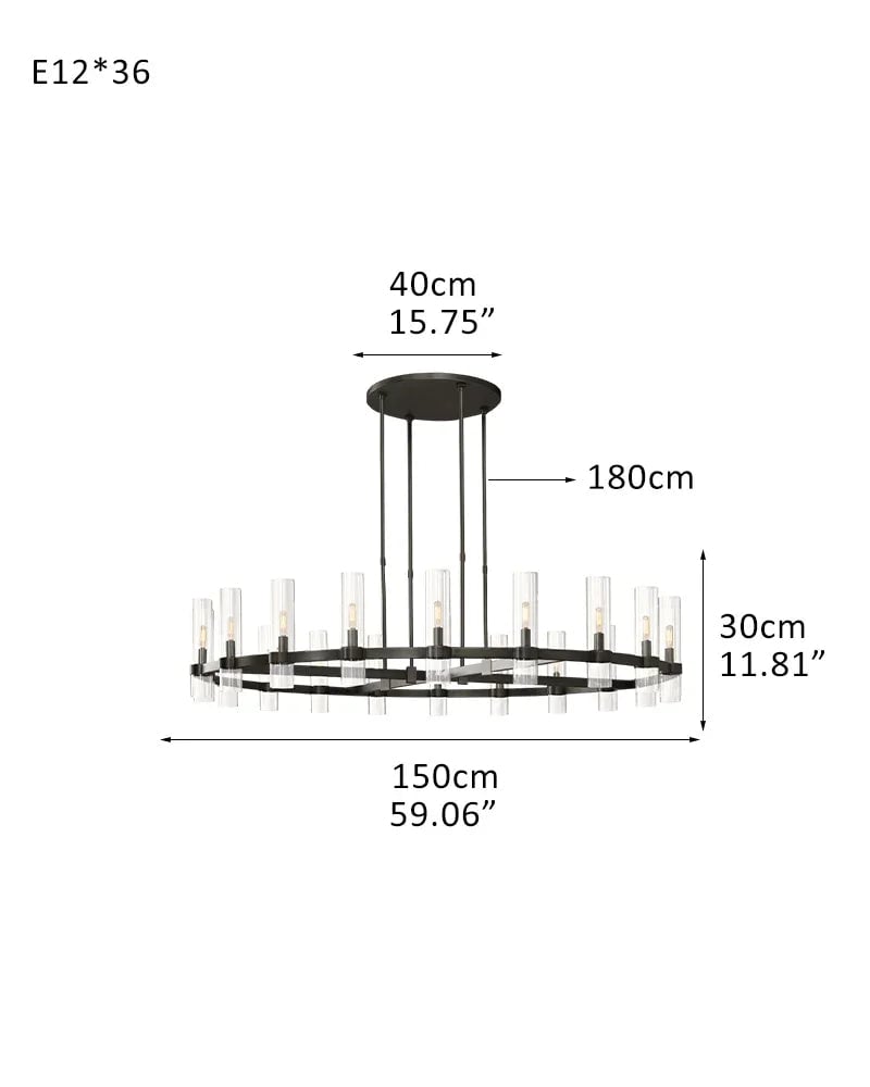 LightsStory Series Geometric Chandelier | Round Wheel Premium hand-blown glass and solid brass construction, Black Stainless finish for Dining Rooms and Living Areas 36-light-D150*H30CM D59.06"*H11.81" Black American chandelier