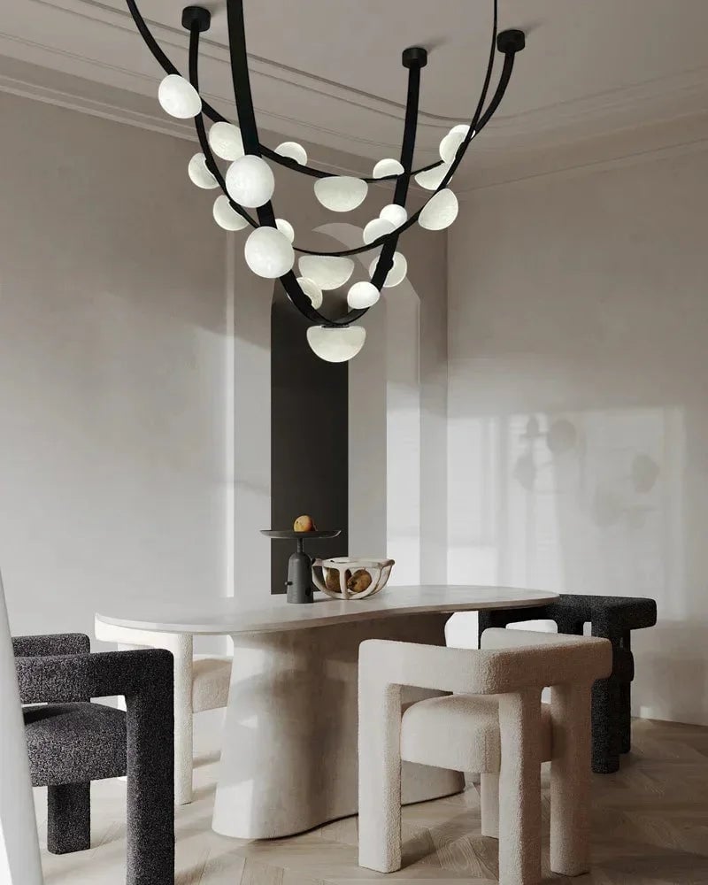 LightsStory Series Geometric Chandelier | Semi-Oval Natural marble shades with supple leather and stainless steel, Polished stainless steel finish for Modern dining rooms and minimalist living areas Modern Pendant lamp