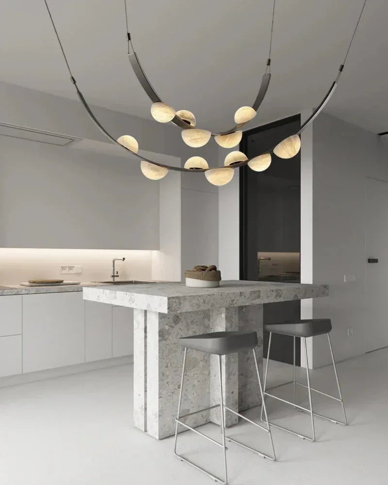 LightsStory Series Geometric Chandelier | Semi-Oval Natural marble shades with supple leather and stainless steel, Polished stainless steel finish for Modern dining rooms and minimalist living areas Modern Pendant lamp