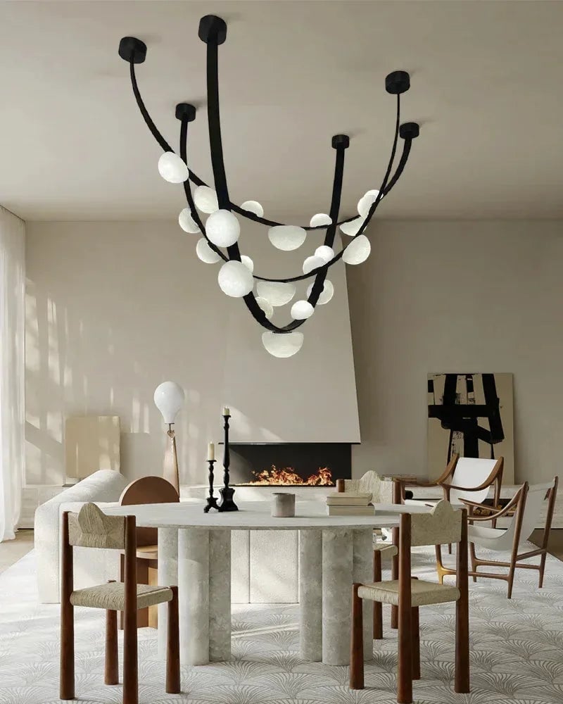 LightsStory Series Geometric Chandelier | Semi-Oval Natural marble shades with supple leather and stainless steel, Polished stainless steel finish for Modern dining rooms and minimalist living areas Modern Pendant lamp