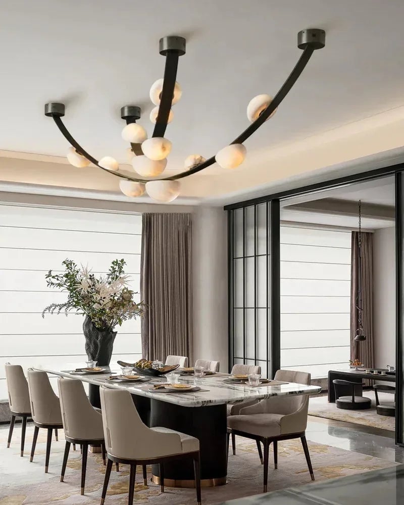 LightsStory Series Geometric Chandelier | Semi-Oval Natural marble shades with supple leather and stainless steel, Polished stainless steel finish for Modern dining rooms and minimalist living areas Modern Pendant lamp
