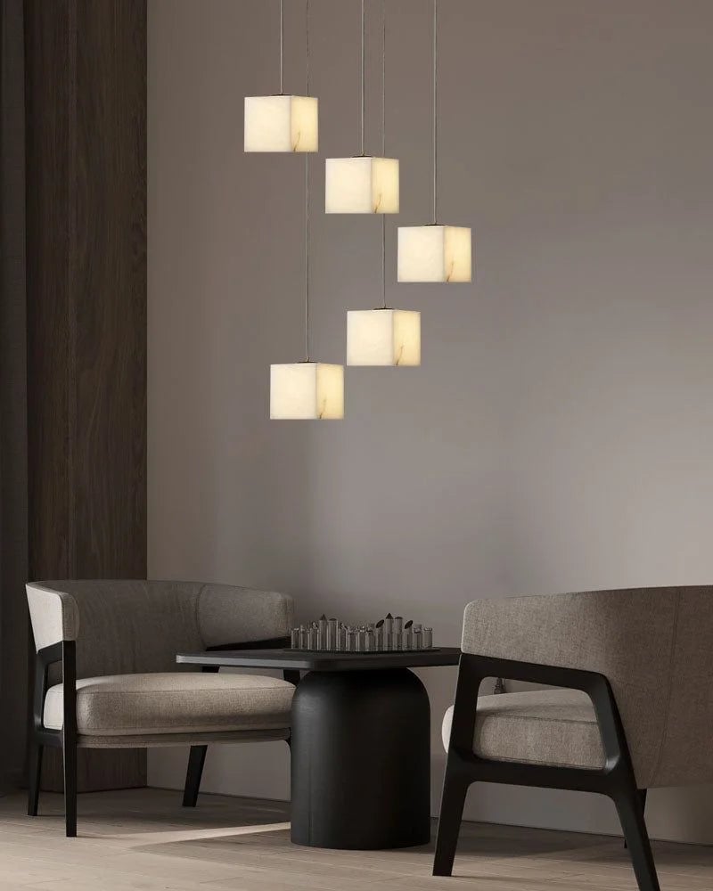 LightsStory Series Geometric Chandelier | Square Cube Cluster Natural Spanish Alabaster, Natural Stone Finish for High Ceilings and Modern Living Spaces Modern Pendant lamp