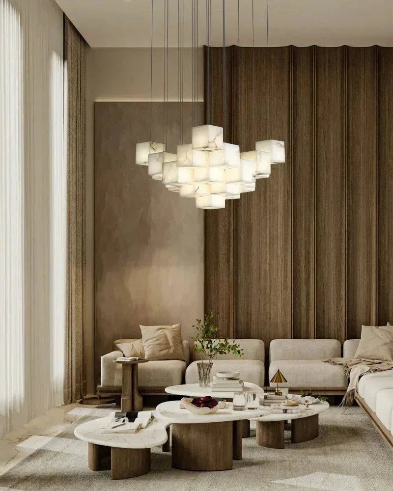 LightsStory Series Geometric Chandelier | Square Cube Cluster Natural Spanish Alabaster, Natural Stone finish for Modern Lobbies and Dining Rooms Modern Pendant lamp
