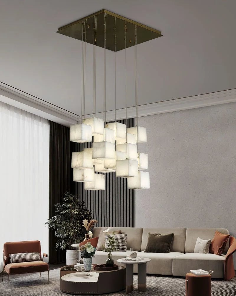 LightsStory Series Geometric Chandelier | Square Cube Cluster Natural Spanish Alabaster, Natural Stone Finish for High Ceilings and Modern Living Spaces Modern Pendant lamp